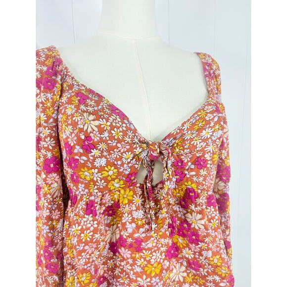 Patrons of Peace Floral Lone Sleeve Tie Front Crop Top Small Babydoll Terracotta - Picture 3 of 7